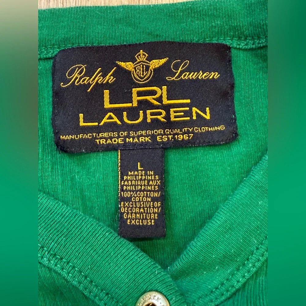 Lauren Ralph Lauren Green Ribbed Henley Top Gold Snap Buttons Size L - Picture 3 of 8